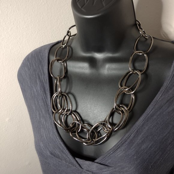 Dark Silver Tone Large Link Necklace Adjustable 26 To 26 Inches Long - Picture 10 of 10